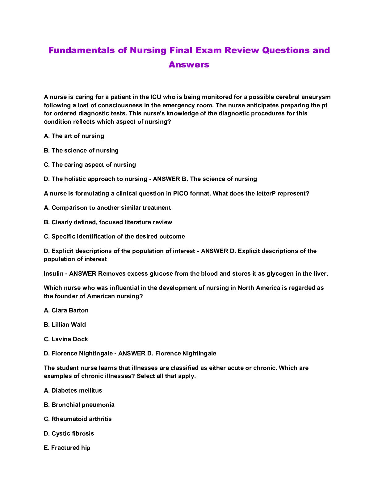 Fundamentals of Nursing Final Exam Review Questions and Answers